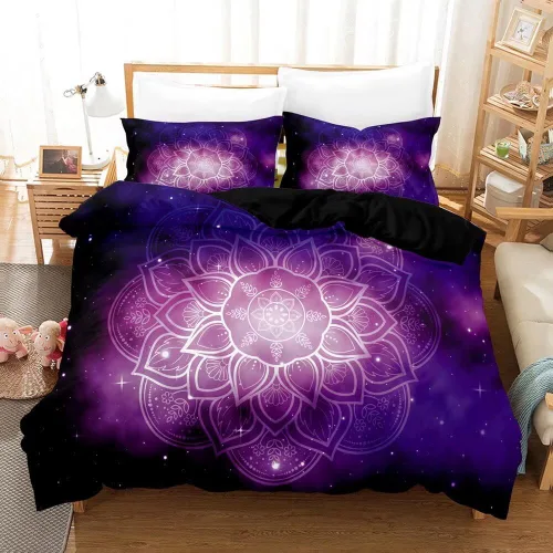 Vista 11 de Juego de funda de edredón de galaxia, diseño floral rústico con mandala, tamaño Queen, espacio exterior bohemio, color azul, Microfibra, Estilo 1
