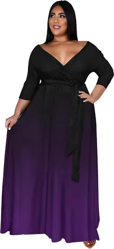 Vista 2 de Runwind Vestidos de talla grande para mujer, vestido largo degradado, manga 34 con cinturón