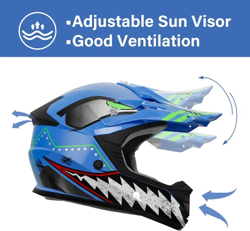 Vista 5 de TCMT Azul Niños Motocross ATV Dirtbike BMX Offroad Cara Completa Juventud Casco Guantes Gafas Aprobado Punto