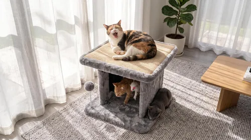 Vista 2 de Cama grande para gatos con poste rascador y tabla de peinar, resistente y duradera, ideal para razas pequeñas Large plush cat tunnel with a