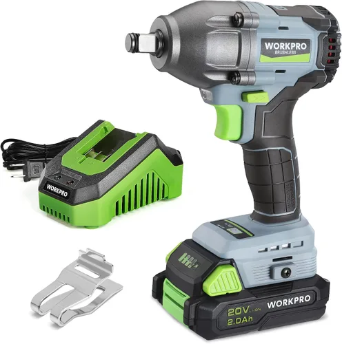 Vista 8 de WORKPRO Llave de impacto inalámbrica de 20 V, de 1/2 pulgada, par máximo de 320 pies-libra, batería de iones de litio de 2.0 Ah con cargador rápido
