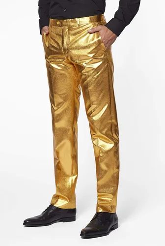 Vista 4 de Opposuits Traje de fiesta dorado para hombre, disfraz metálico de Año Nuevo y Navidad, incluye chaqueta, pantalones y corbata a juego