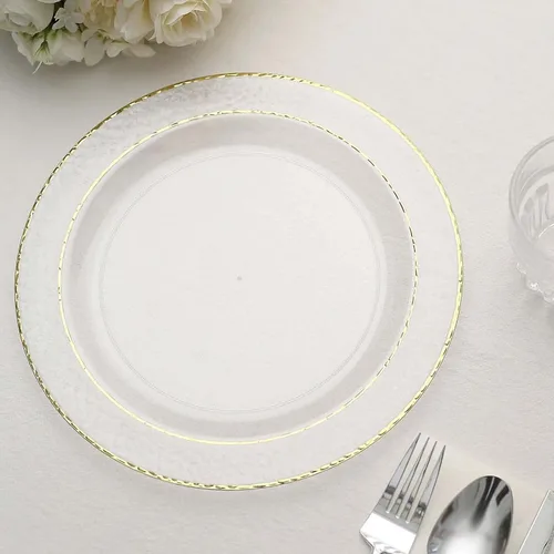 Vista 10 de Efavormart - Paquete de 10 platos de postre de plástico martillado de oro rosa rubor de 7.5 pulgadas con borde dorado, platos redondos desechables