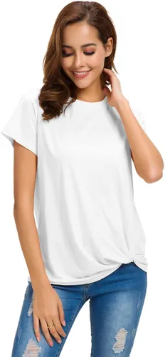 Vista 5 de Moqueen - Camiseta holgada para mujer de manga corta con nudo frontal, de algodón, informal