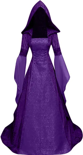 Vista 9 de BITSEACOCO Disfraz de bruja de lujo para mujer, vestido de vampiro con capucha gótico renacentista bordado vintage, vestido de cosplay Rojo vino