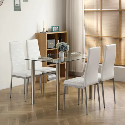 Vista 3 de Juego de mesa de comedor de 5 piezas, mesa superior rectangular de vidrio templado de 43 pulgadas, 4 sillas de cuero con respaldo alto, juego
