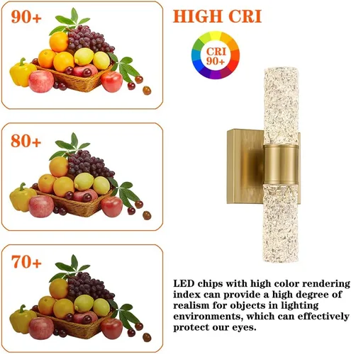 Vista 9 de Juego de 2 apliques de pared LED de cristal, lámparas de baño de oro cepillado, modernas luces de baño con LED con cable para dormitorio, sala