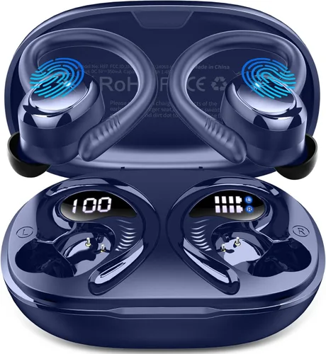 Vista 5 de Auriculares inalámbricos deportivos, Bluetooth 5.4, auriculares 3D Bass Hi-Fi estéreo sobre la oreja, auriculares con cancelación de ruido ENC de 60