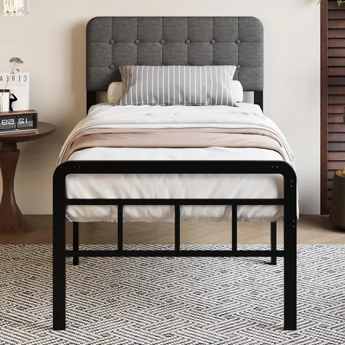 Vista 11 de Marco de cama de metal de 18 pulgadas con cabecero y estribo Cama extra resistente con espacio de almacenamiento, listones de acero, sin ruido,