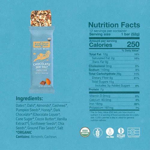 Vista 2 de BAR U EAT Barra energética sin gluten, alta fibra, ingredientes alimentarios reales, sin aceite, orgánico, sin azúcar artificial, aperitivos