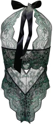 Vista 8 de Lencería sexy para mujer, lencería de malla de encaje de una pieza, color liso, talla grande