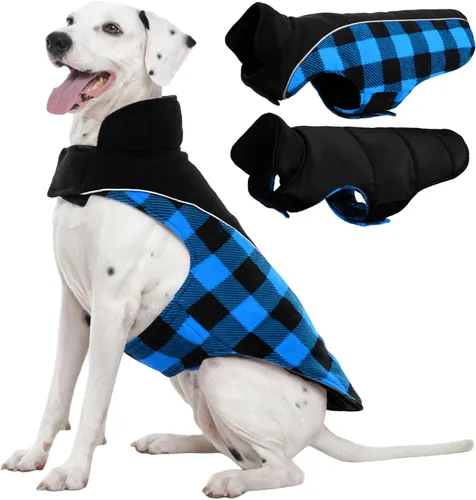 Vista 27 de Kuoser - Abrigo reversible para perros para climas fríos, abrigo de invierno impermeable reflejante para mascotas, abrigo para perros a cuadros