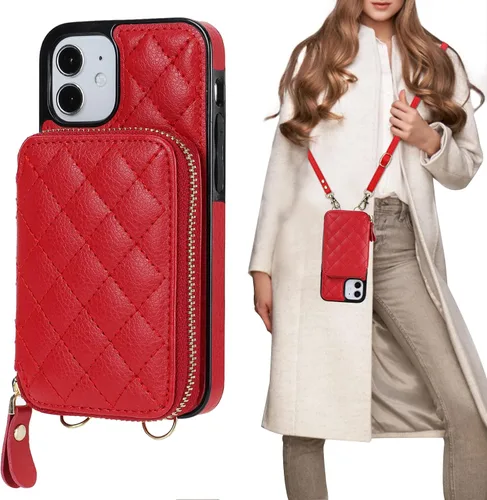 Vista 9 de Bocasal Funda tipo cartera cruzada para iPhone 12 Mini, bloqueo RFID, de piel sintética, con cremallera, funda tipo cartera con función atril
