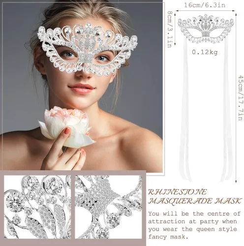 Vista 3 de 2 máscaras de máscaras de diamantes de imitación de cristal de fantasía para fiesta veneciana graduación corona para disfraz de mujer