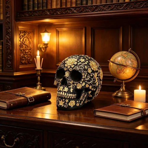Vista 8 de CUZOKOLA - Decoración gótica de calavera dorada más grande para decoración del hogar, escultura de calavera falsa de Halloween, figura de esqueleto