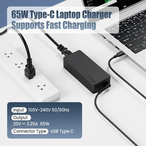 Vista 5 de Cargador para laptop de 65 W, USB tipo C, adaptador de CA de repuesto para HP Chromebook 14 13 X360 Spectre x360 Elite x2 EliteBook; Lenovo Yoga