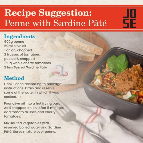 Vista 5 de Paté de sardina especiado enlatado por Jose Gourmet, Sardinas portuguesas capturadas en la naturaleza, Paté de pescado enlatado, Omega 3, Comercio