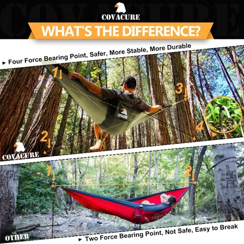 Vista 3 de COVACURE Hamaca de camping – Hamaca portátil de capacidad de 772 libras con correas de árbol, hamaca de viaje de nailon de paracaídas duradera