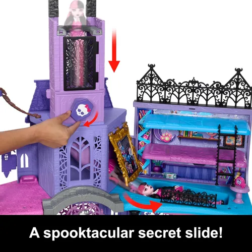 Vista 3 de Monster High Casa de muñecas, juego de escuela secundaria embrujada con 7 áreas de juego y más de 35 piezas de narración de historias, incluyendo