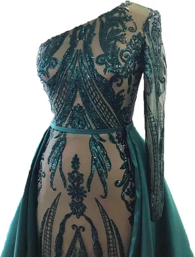 Vista 6 de VerdeBorgoñaRojoAzul RealNegro Satén Musulmán Sirena Prom Vestido De Fiesta De Noche Tren Desmontable