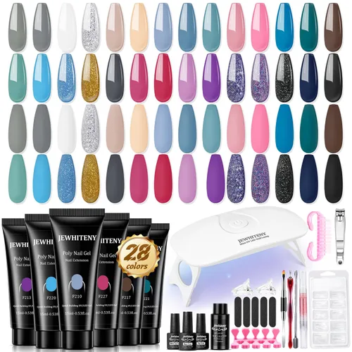 Vista 9 de JEWHITENY - Kit de uñas de gel poli con lámpara UV, 14 colores en tonos púrpura, desnudo, gris, negro, azul y purpurina, kit de iniciación con capa