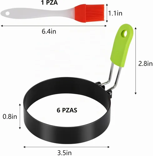 Vista 4 de 6 anillos de huevo de 3.5 pulgadas con mango de silicona, molde redondo para panqueques con cepillo de aceite de silicona para freír huevos