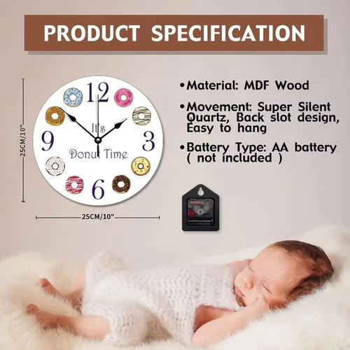 Vista 6 de ArogGeld It's Donut Time - Reloj de pared con forma de dona, silencioso, redondo, de madera, funciona con pilas, multicolor, talla única