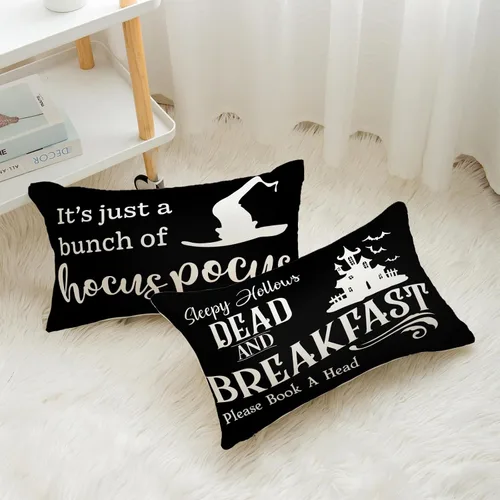 Vista 3 de Juego de 2 fundas de almohada de Halloween de 12 x 20 pulgadas, fundas de almohada de Hocus Pocus, color negro, para otoño, decoración de granja