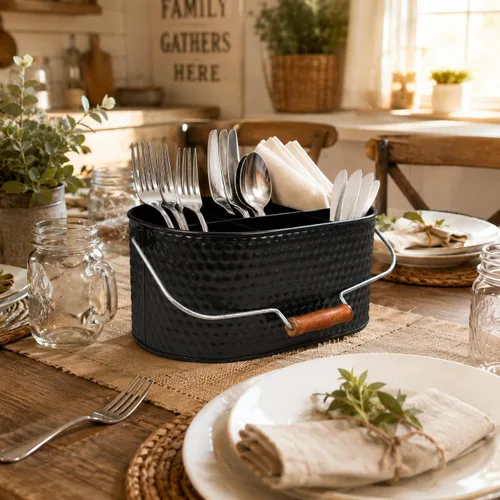 Vista 8 de Bedding Craft Organizador de utensilios galvanizado – Soporte de metal para cocina, picnic y fiestas, organizador rústico para negro, cubiertos
