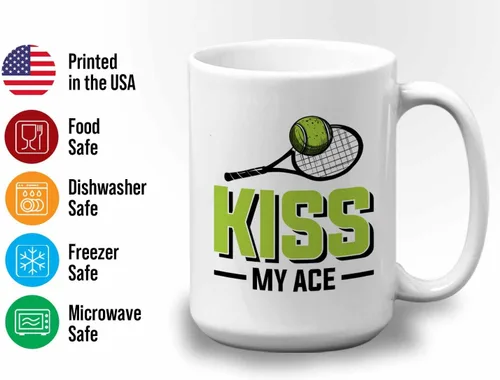 Vista 3 de Taza de café de tenis de 15 onzas, color blanco, Kiss My Ace, jugador de tenis, atleta, afición, divertido juego de palabras, sarcasmo, broma