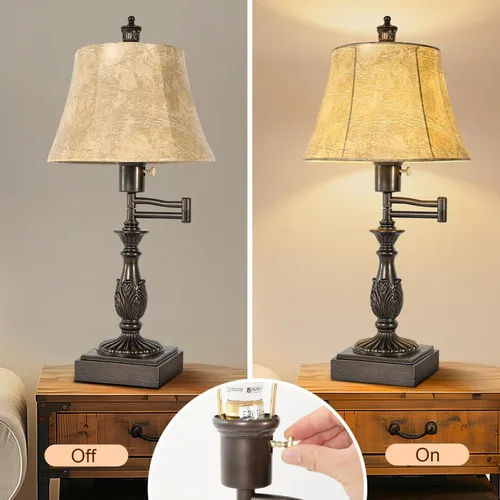 Vista 4 de Scenekoy - Juego de 2 lámparas de mesa tradicionales rústicas de 23.5" con brazo oscilante ajustable de 350°, con puertos USB A+C, acabado marrón