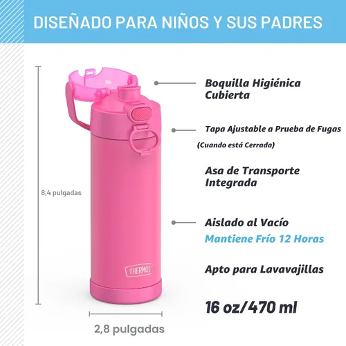 Vista 2 de THERMOS FUNTAINER Botella de acero inoxidable con aislamiento al vacío de 16 onzas con tapa ancha de canalón, Rosa Neón