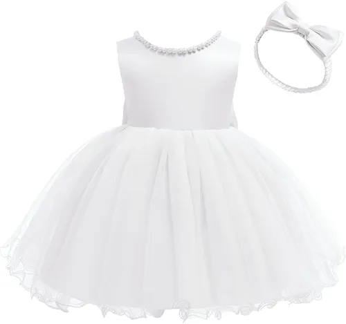 Vista 3 de TUIJI 6M-6T Vestidos de flores con volantes y encaje sin espalda para concurso de boda y fiesta de bodas con gorro