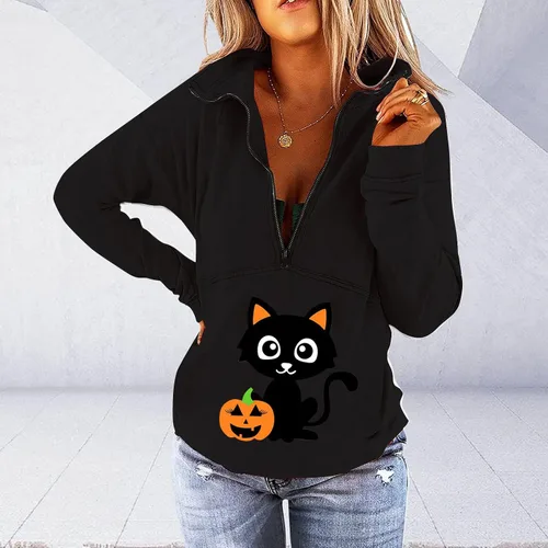 Vista 2 de Sudaderas de Halloween para mujer sudadera de manga larga casual con cordón