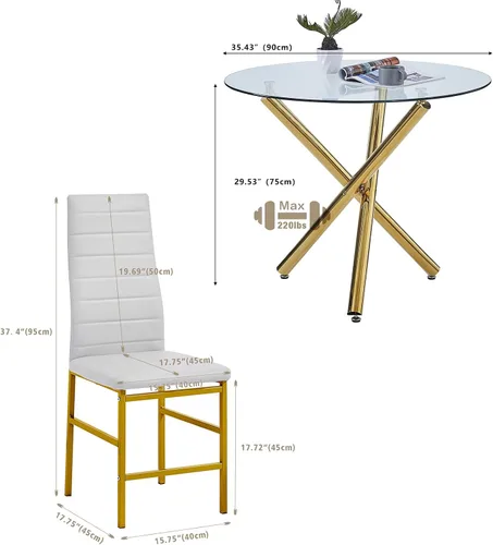 Vista 2 de Round Glass Dining Room Set for 4 Person Compact Glass Dining Table with Faux Leather Chairs with Golden Legs for Small Space/Apartment