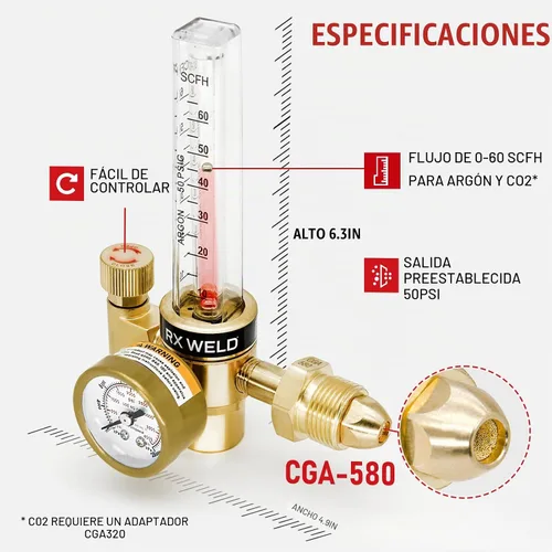 Vista 2 de RX WELD Regulador de argón para soldadura MIG TIG, CGA580, manguera de 6.6 pies Tomas dobles de 9/16" y 5/8" + púa de 1/4