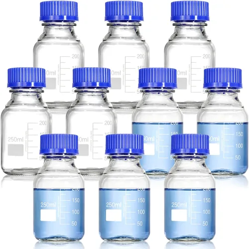 Vista 7 de Yopay Paquete de 10 botellas de almacenamiento multimedia con tapa de rosca azul GL45, botella de vidrio reutilizable de 8.5 fl oz, recipiente