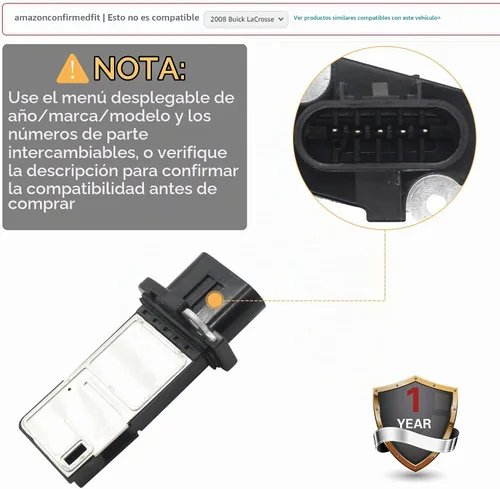 Vista 6 de Medidor de sensor de flujo de aire de masa Maf compatible con Buick Lacrosse Rainier Regal; Cadillac SRX STS; Chevy Colorado Impala Malibu; GMC