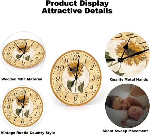 Vista 5 de Reloj de pared de crisantemo, girasoles, reloj de pared sin tictac, reloj de pared de 10 pulgadas, funciona con pilas, moderno reloj redondo