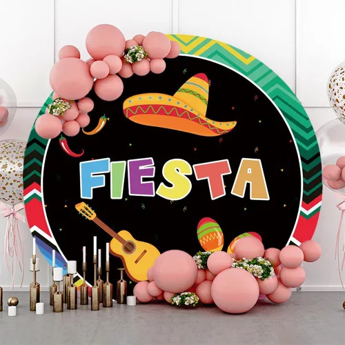 Vista 8 de AOFOTO Telón de fondo redondo con temática de fiesta mexicana de 5 x 5 pies para fotografía, carnaval del Cinco de Mayo, banderas coloridas