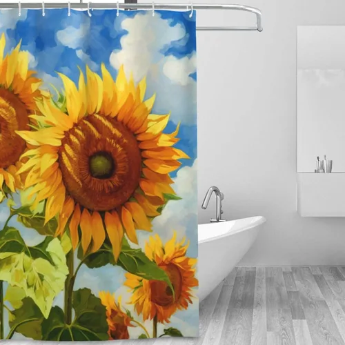 Vista 2 de YLATY2314 - Cortina de ducha de girasol para baño, pintura al óleo, hojas verdes, flores, bohemio, tela amarilla abstracta, moderna, impermeable