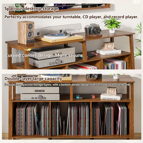 Vista 4 de Mxtxmy Soporte grande para tocadiscos, mesa giratoria de mediados de siglo con almacenamiento abierto con capacidad para hasta 450 álbumes, estante