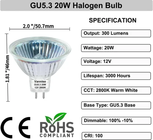 Vista 5 de Bombilla MR16 de 20 W, alta salida 300LM MR16 bombilla halógena 20 W 12 V blanco cálido 2800 K, base halógena MR16 GU5.3, MR16 regulable