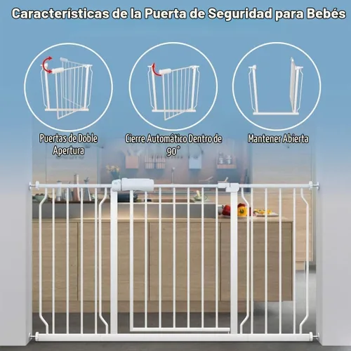 Vista 4 de ALLAIBB - Puerta de seguridad extra ancha de montaje a presión para bebés, autocierre, de metal blanco para niños, perros y mascotas, con pasillo
