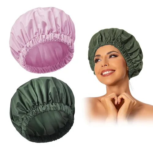 Vista 41 de Gorro de ducha reutilizable para mujer, grande, impermeable, lavable, banda elástica, accesorios de baño, sombrero para cabello largo, trenzas Beige