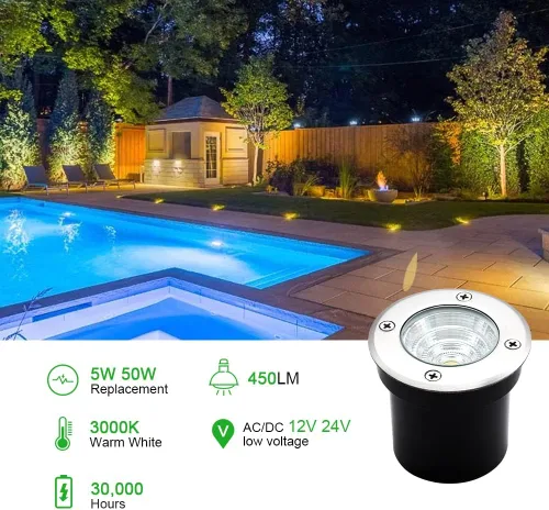 Vista 5 de Luces de pozo de iluminación de paisaje, bajo voltaje al aire libre en tierra, 5 W 12 V-24 V, impermeable, luz blanca cálida de 3000 K para jardín
