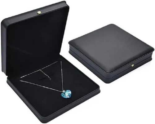 Vista 2 de Juego de joyas de boda Caja de cuero de primera calidad para collar, aretes, anillo, vitrina, soporte de almacenamiento (negro grande)