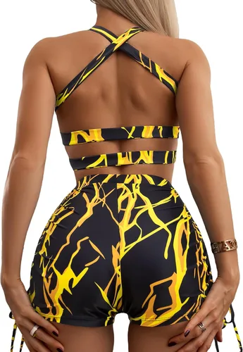 Vista 4 de OYOANGLE Traje de baño de 2 piezas con estampado tropical cruzado y cordón para mujer