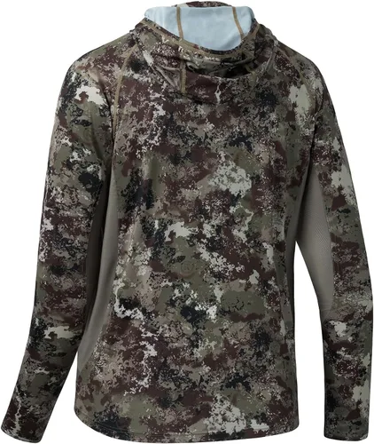 Vista 3 de BASSDASH - Camiseta de caza para hombre con protección solar FPU 50+, manga larga con capucha tipo pasamontañas y diseño camuflado, para pesca