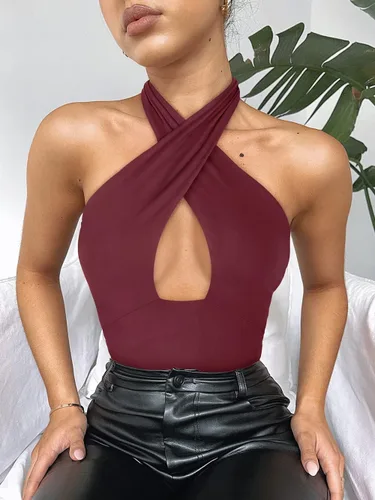 Vista 3 de REORIA Butsmooth - Camiseta ajustada sexy de moda para mujer, con cuello halter cruzado, sin mangas, para discoteca